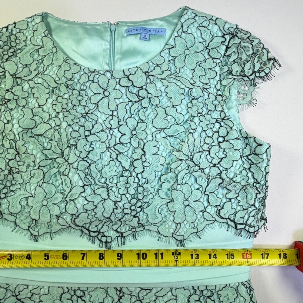 Antonio‎ Melani Mint Green Black Floral Lace Sheath Dress Cap Sleeve Size 10 - Picture 13 of 14